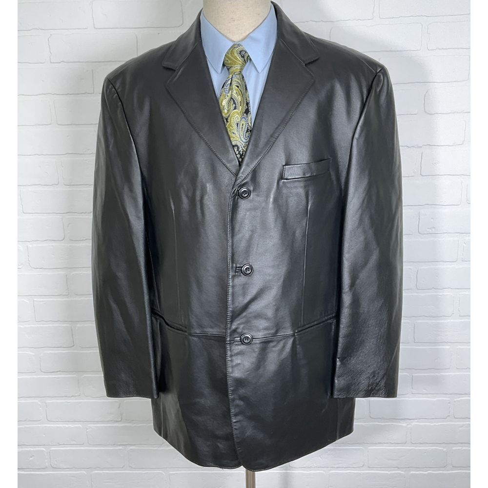 Stafford Blazer Men Large Black Leather Three Button Classic Mafia Career Jacket